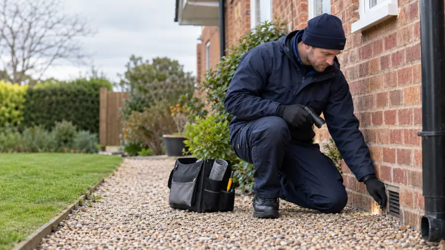 Rat control technician inspecting a UK property
